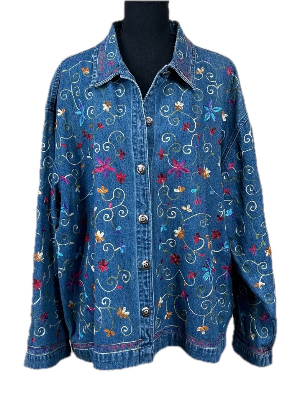 Pushpa Denim Embroidered Button Down Shacket Shirt Size XXL